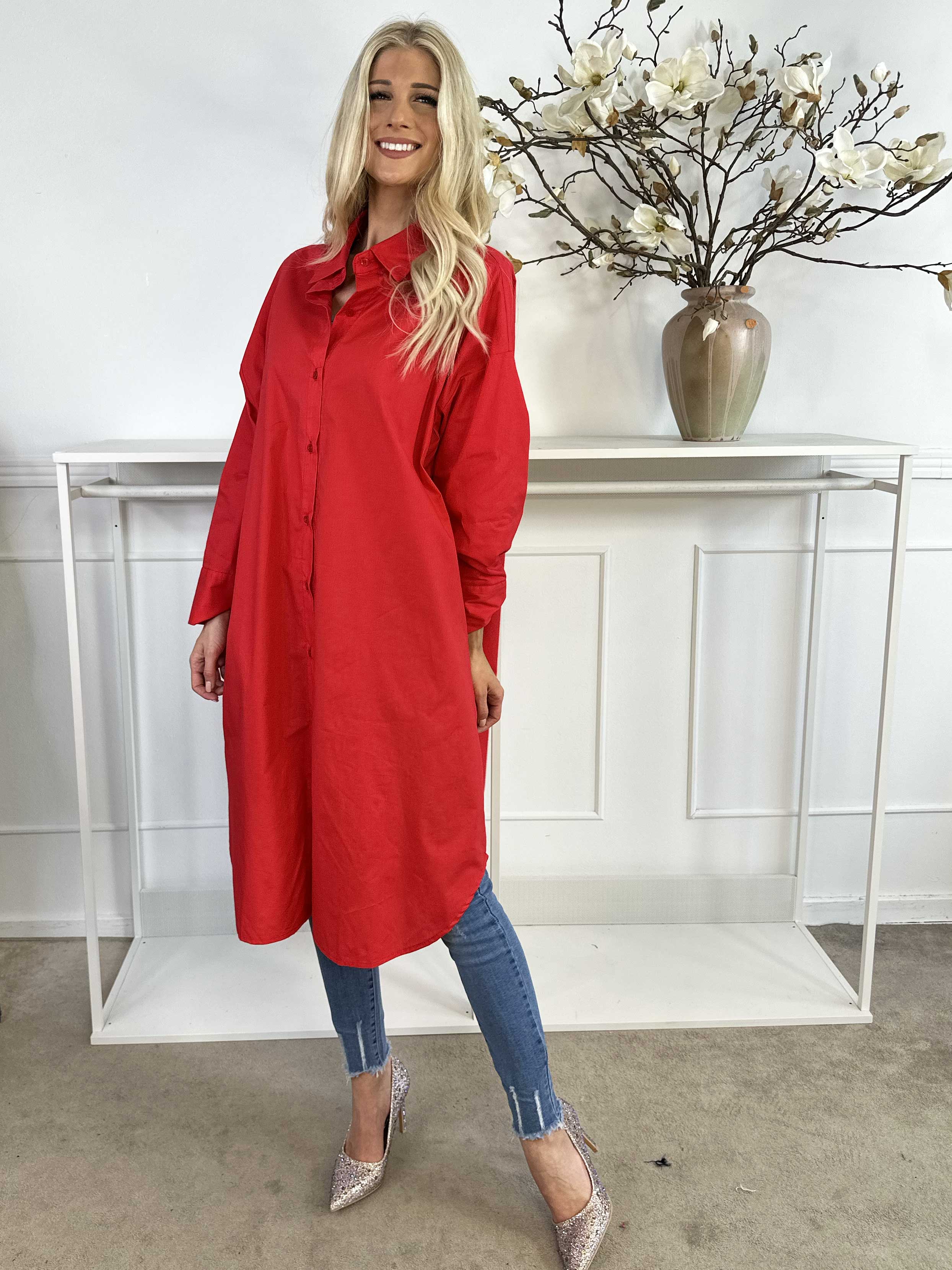 Ceylan - Lång enfärgad skjortklänning i bomull